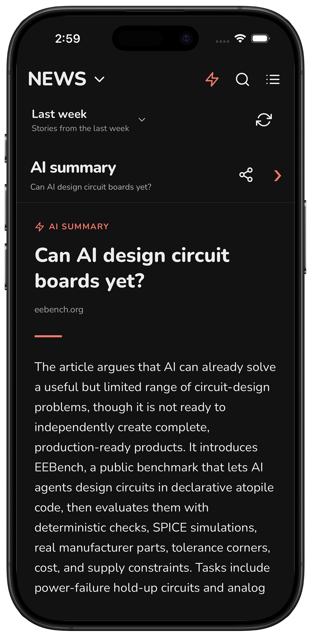 LevelUp’s AI summary of an article about AI-designed circuit boards, shown in a phone frame
