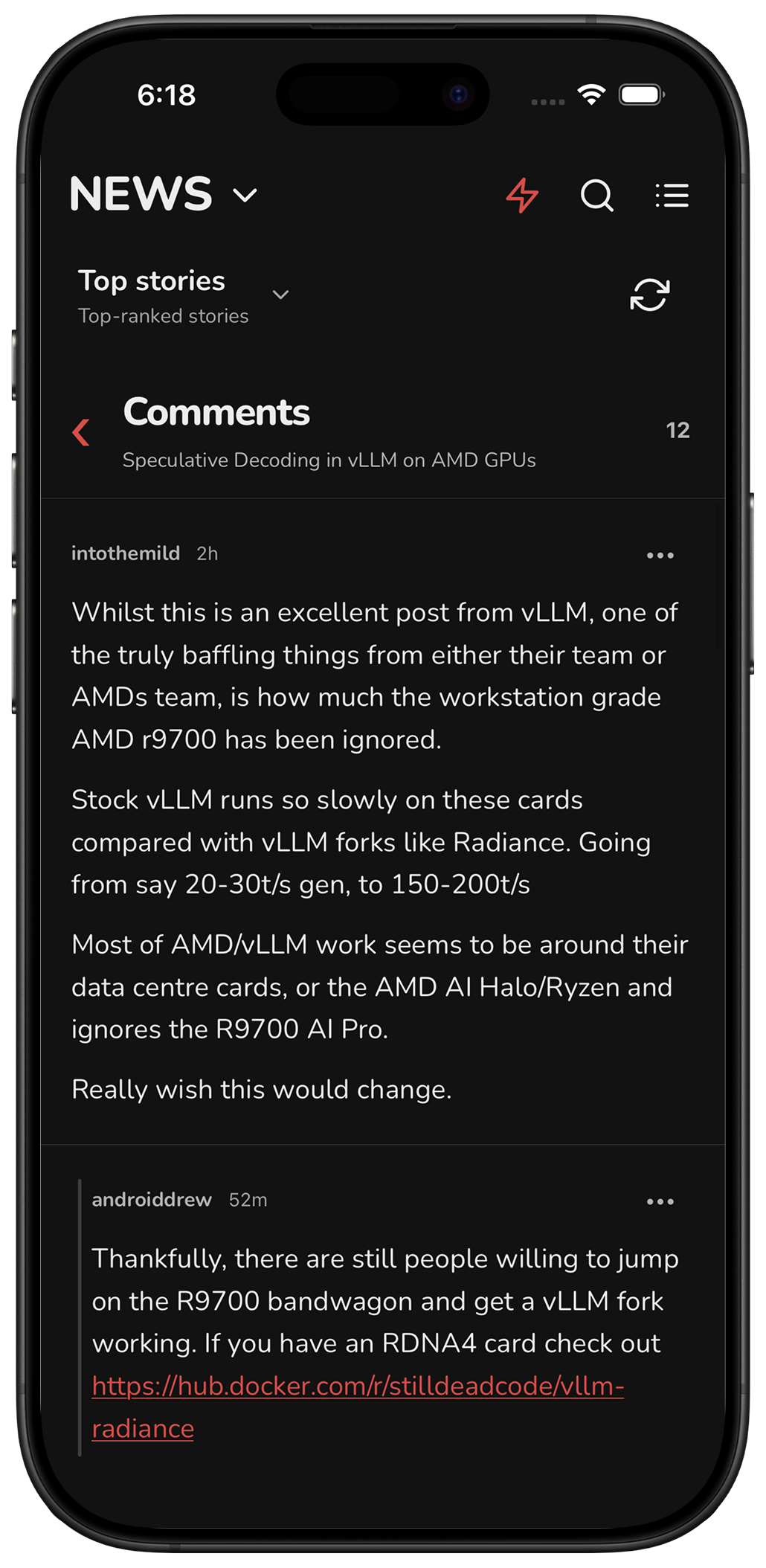 A Hacker News comment thread displayed in LevelUp with nested replies