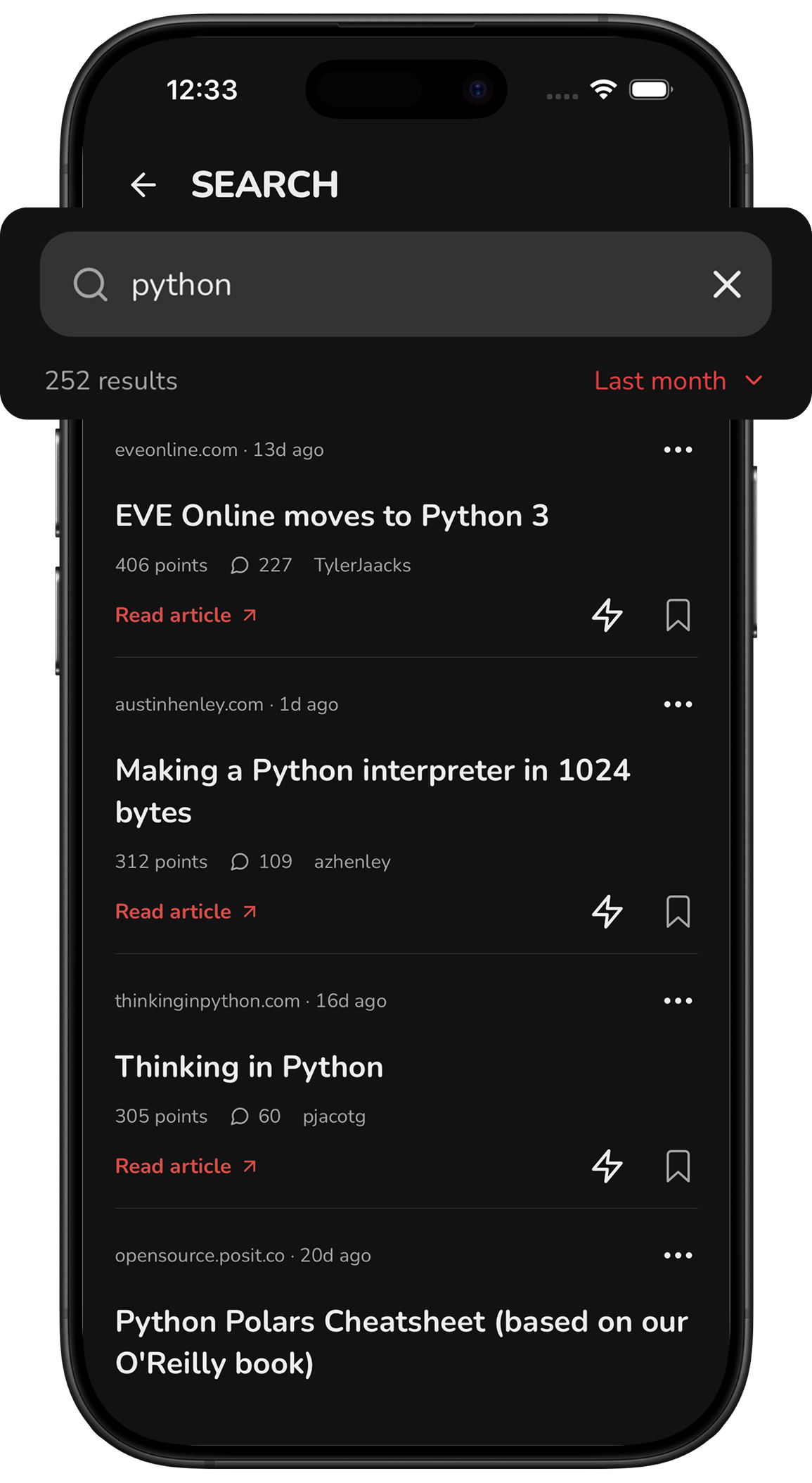 LevelUp search results for Python, filtered to the last month