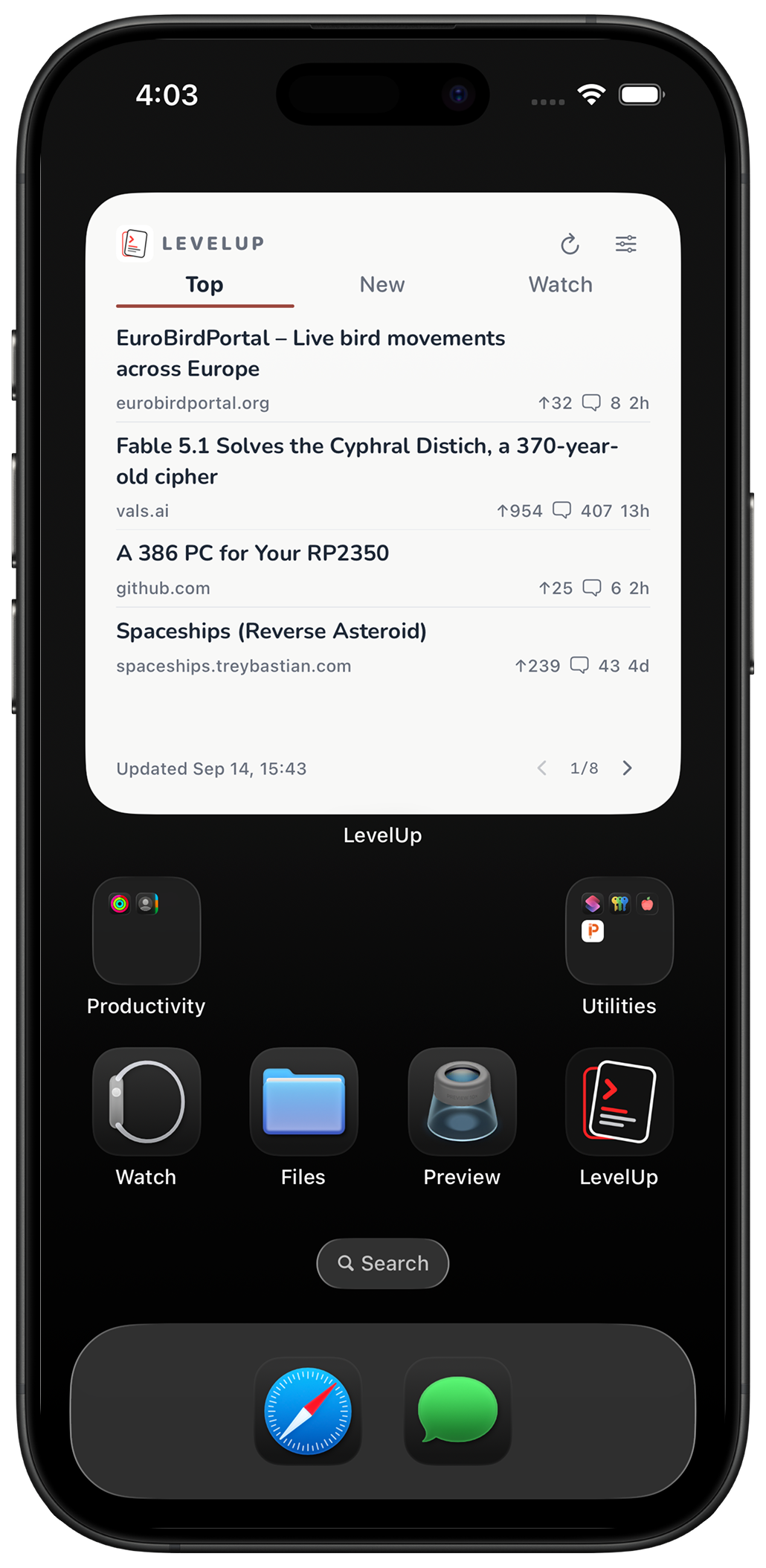 LevelUp’s light Home Screen widget on an iPhone, showing four stories and Top, New, and Watch tabs