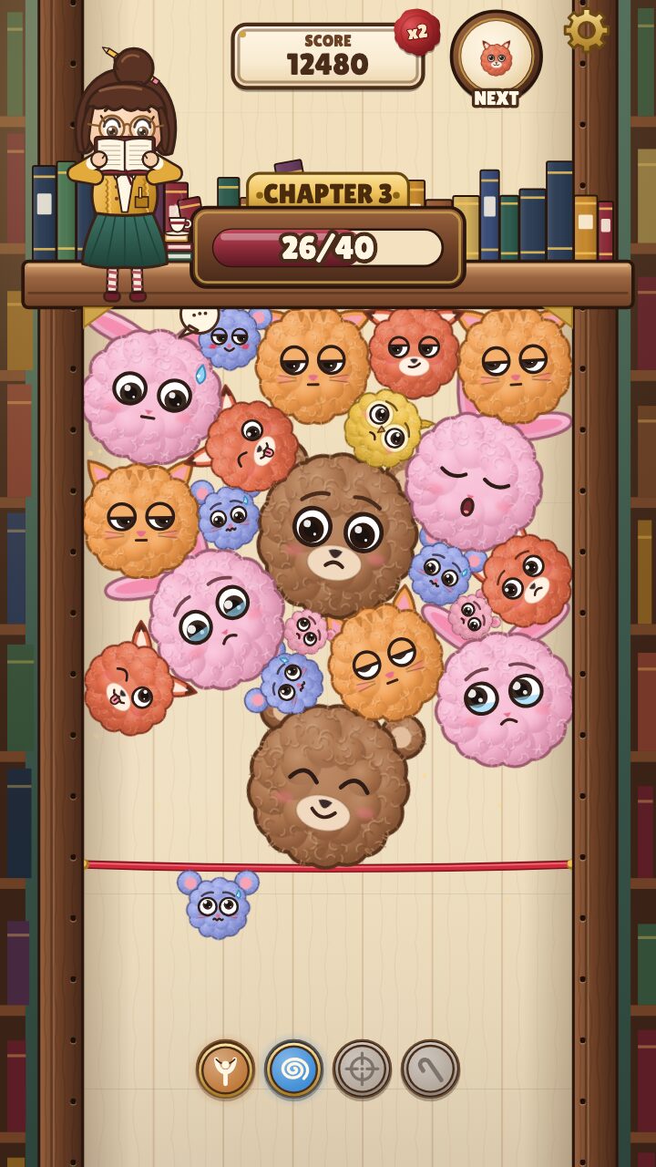 Pimkim gameplay: a packed bookcase of woolly Pimkims merging in quick combos, a whirlpool, and the shelf bursting into the next chapter.