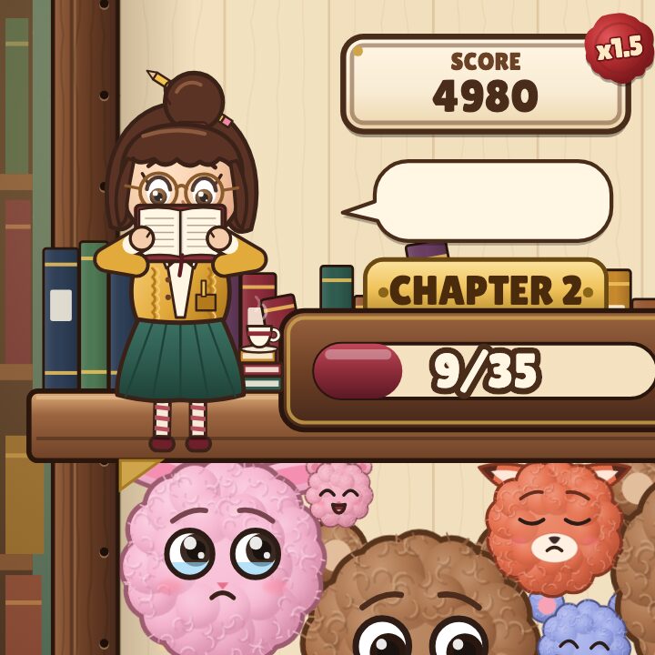 The librarian on her top shelf: she giggles, cheers a combo, and shushes you after four pokes.